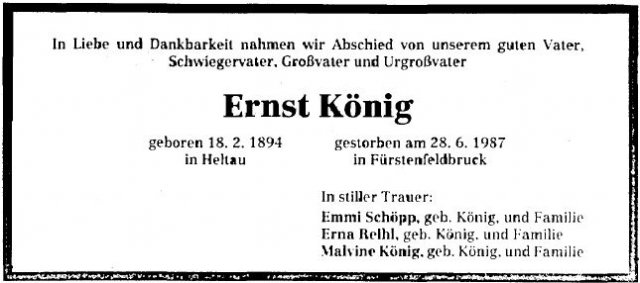 Koenig Ernst 1894-1987 Todesanzeige